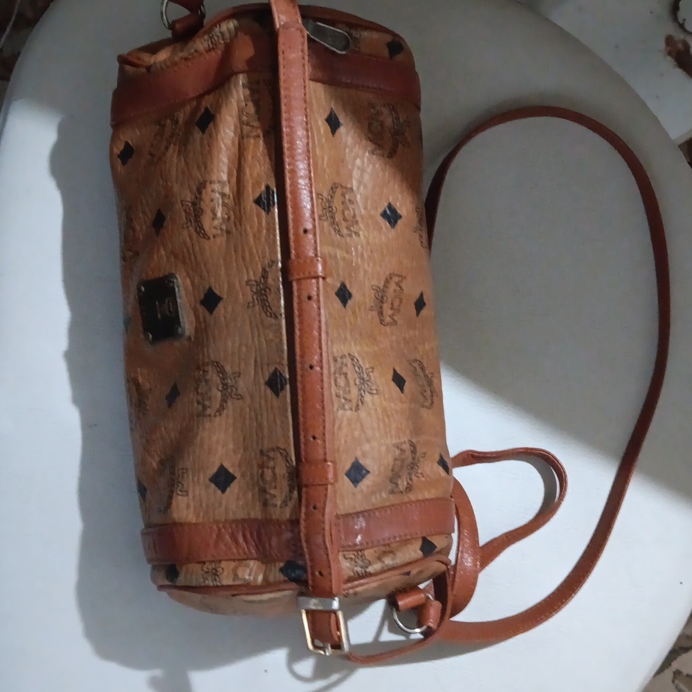 MCM Cognac Crossbody Barrel Bag with Logo Pattern EUC - Picture 13 of 13